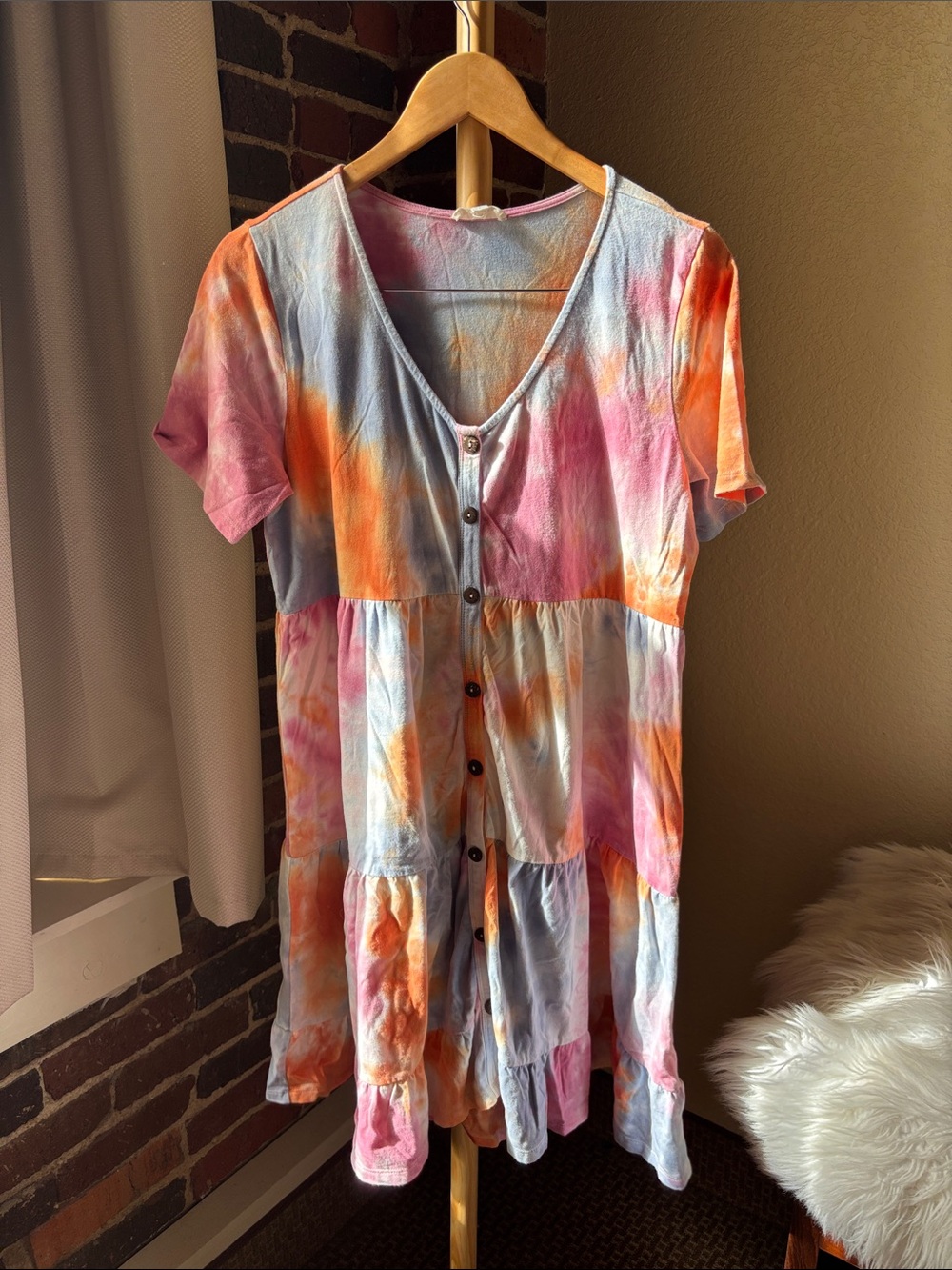 ODDY Tie-Dye Button-Front Mini Dress in Pink, Orange & Blue Size L